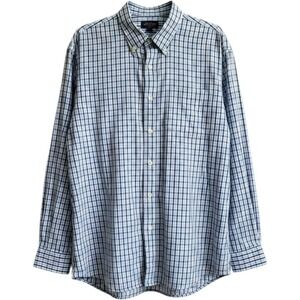 JCP Mens 2XLT Plaid Button Down Shirt Blue White 100% Cotton 2-Ply Long Sleeve
